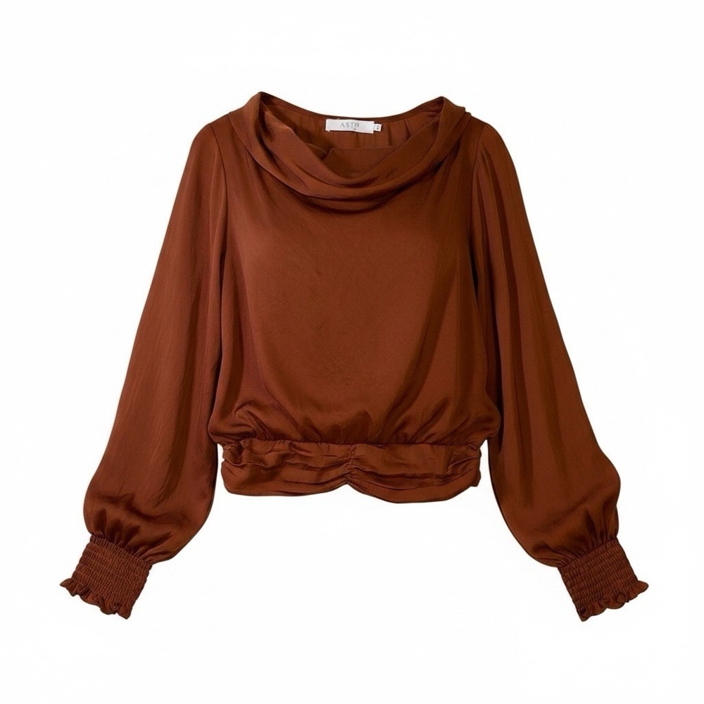 ASTR The Label Rust Brown Satin Cowl Neck Blouse Crop Top Smocked Waist Sz M